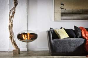 Cocoon Fires Aeris RVS Hangende bio-ethanol haard kenniscentrum